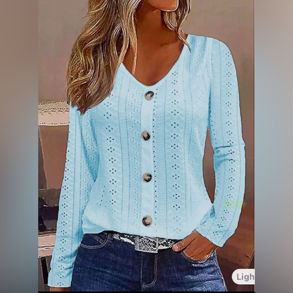 NEW Light Blue Eyelet, Long-Sleeved, Lightweight Pullover w/Decorative Buttons
